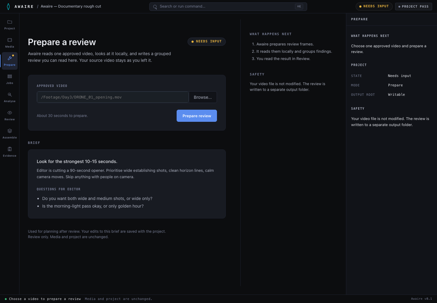 Awaire workbench — Prepare stage showing watched folders, prepared media, and approved source classification
