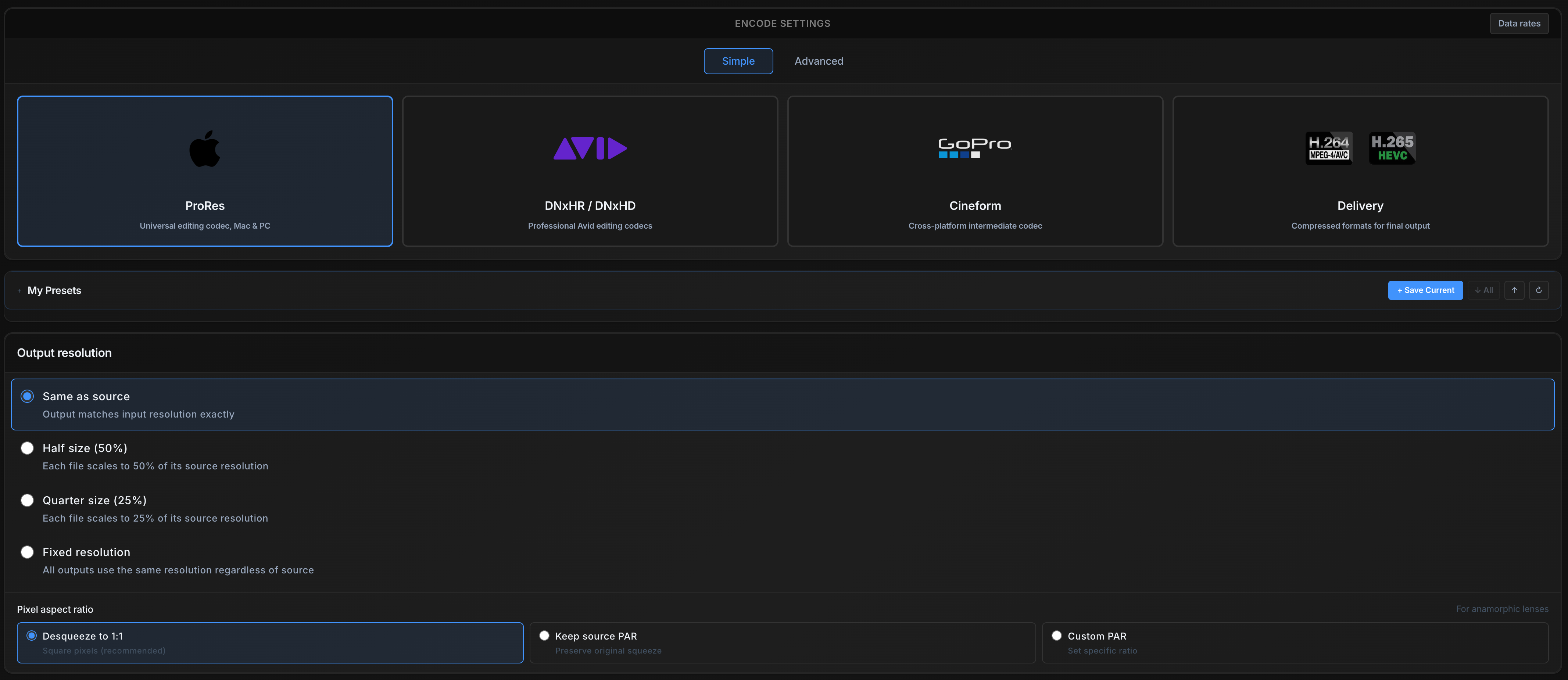 Forge encode settings — codec, profile, burn-ins, container