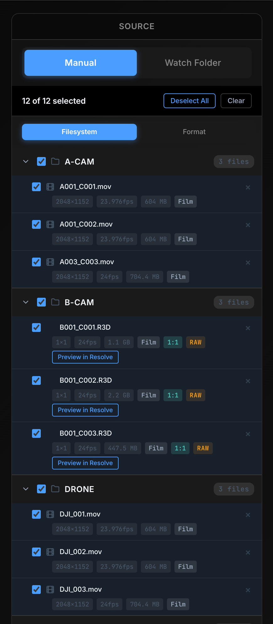 Source panel filesystem view with expanded A-CAM, B-CAM, and DRONE folders showing file metadata, RAW badges, and Preview in Resolve buttons