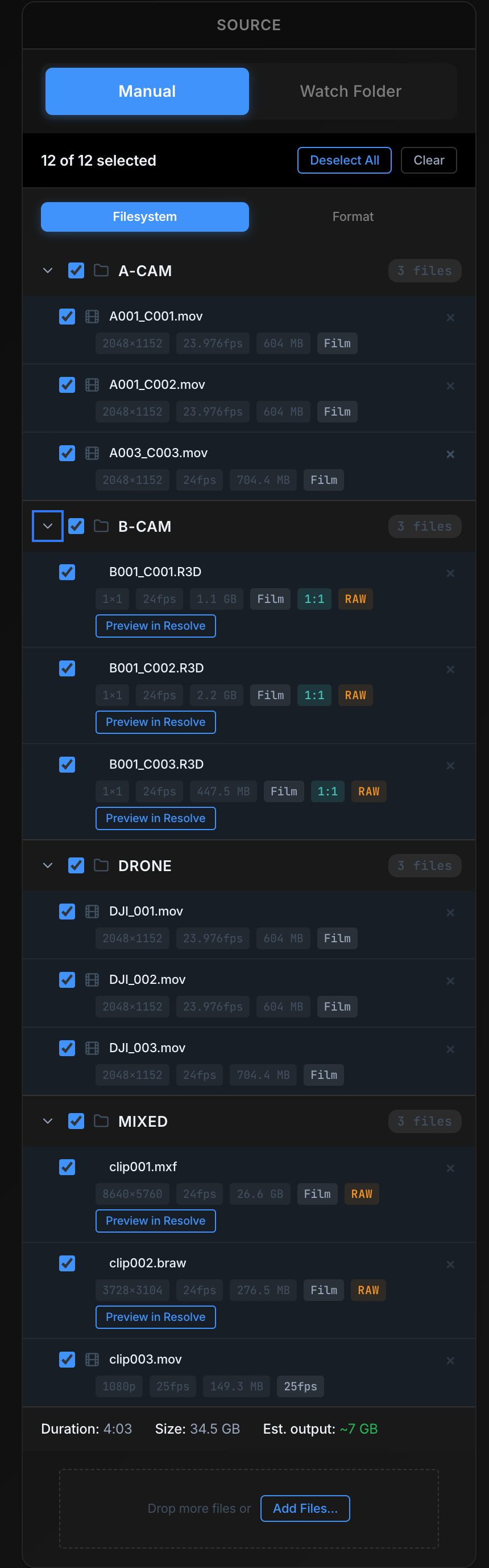 Forge source panel — recursive folder hierarchy with multi-camera roll structure
